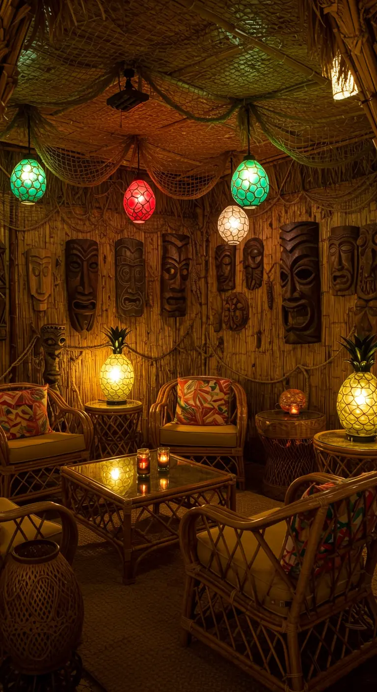 Intérieur d'un bar tiki cosy avec masques en bois, mobilier en rotin et lumières colorées.