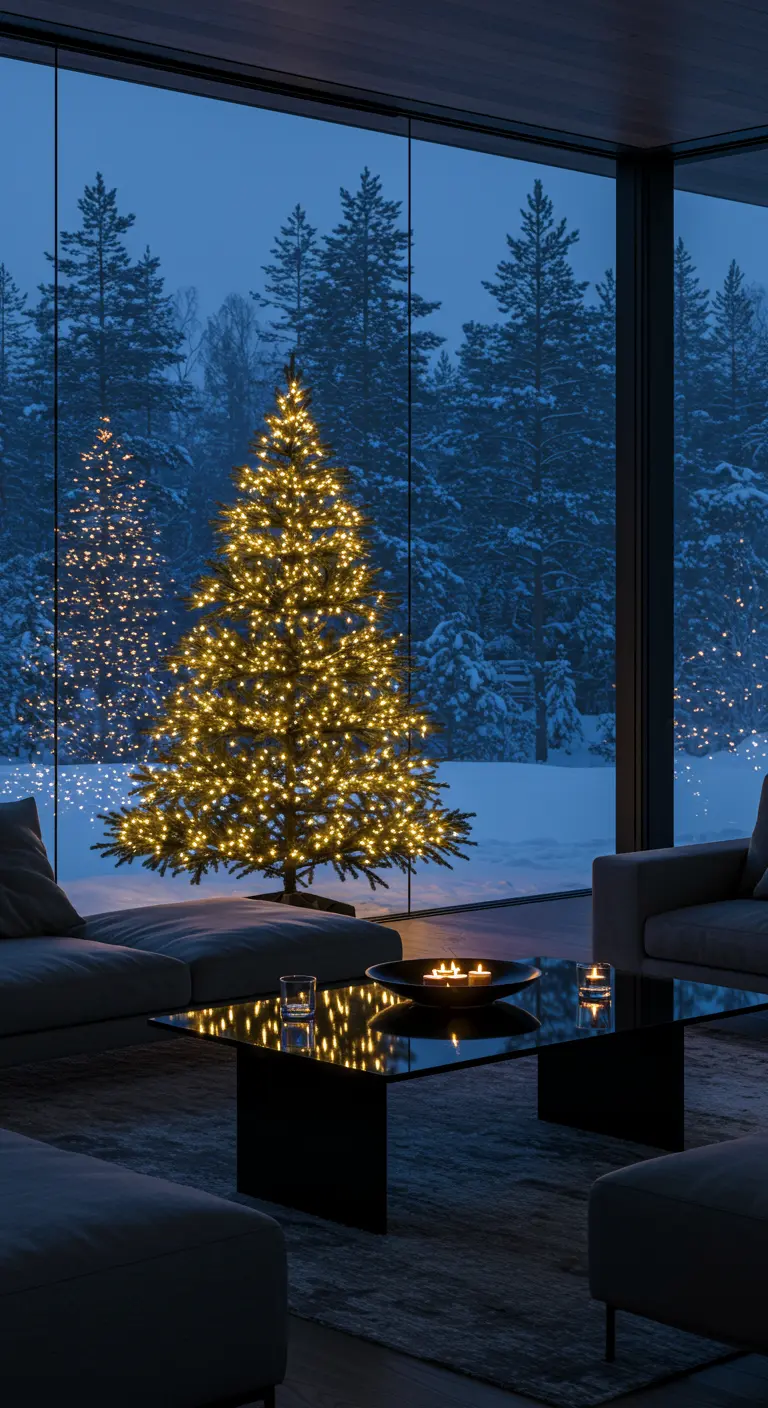 Grand sapin lumineux devant une baie vitrée donnant sur une forêt enneigée la nuit.