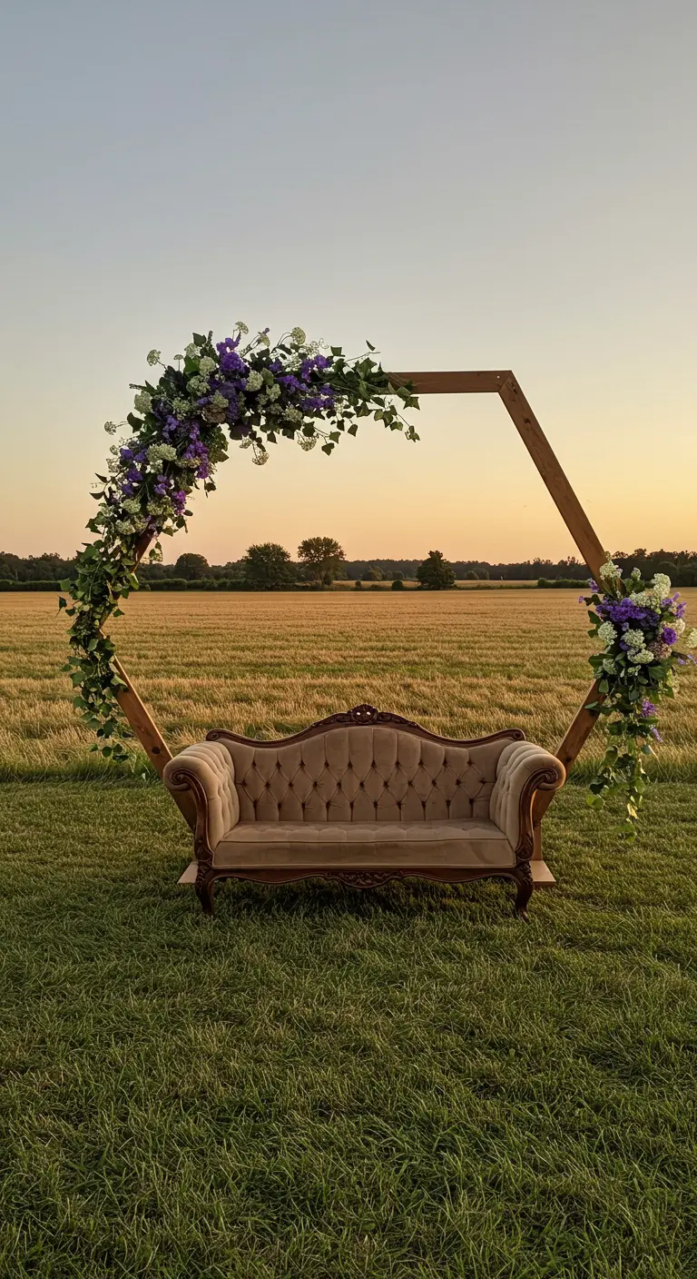 Arche hexagonale en bois avec canapé vintage dans un champ au crépuscule.