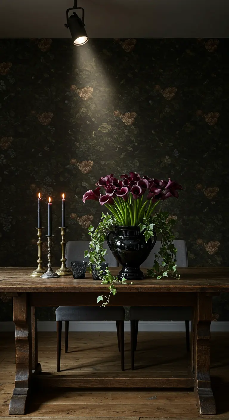 Table en bois avec un bouquet d'arums pourpres éclairé par un spot, sur fond de papier peint sombre.