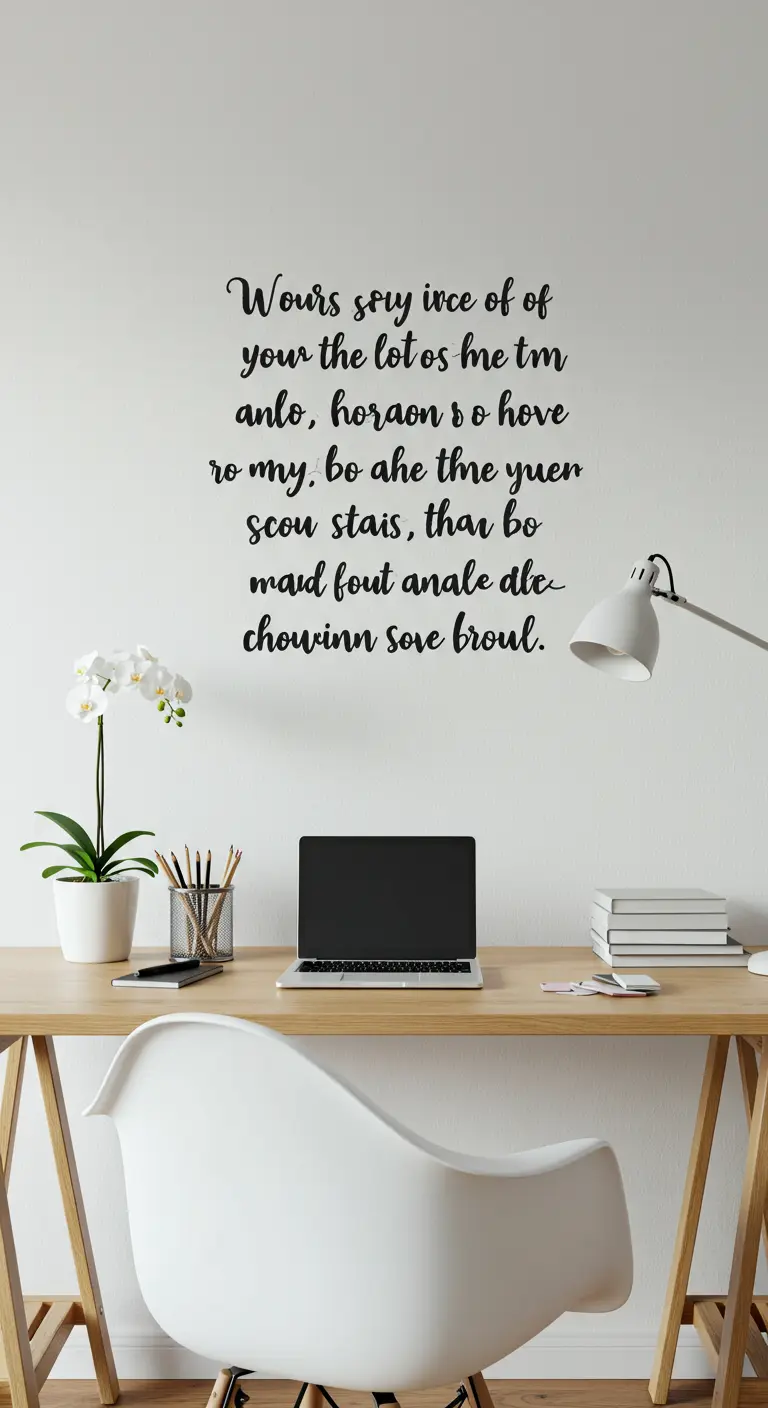 Sticker mural noir avec une citation inspirante en écriture cursive, appliqué sur un mur blanc au-dessus d'un bureau.