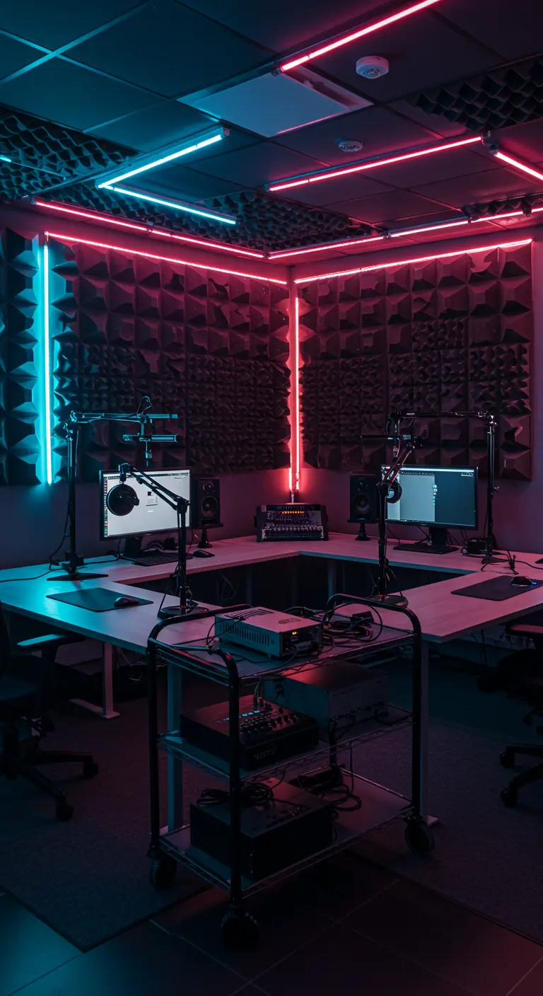 Studio d'enregistrement avec plusieurs postes, des panneaux acoustiques et un éclairage néon rose et bleu.