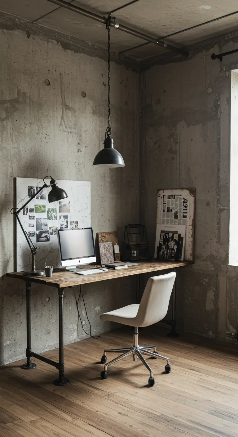 Bureau de style industriel avec des pieds en tuyauterie et un plateau en bois brut.
