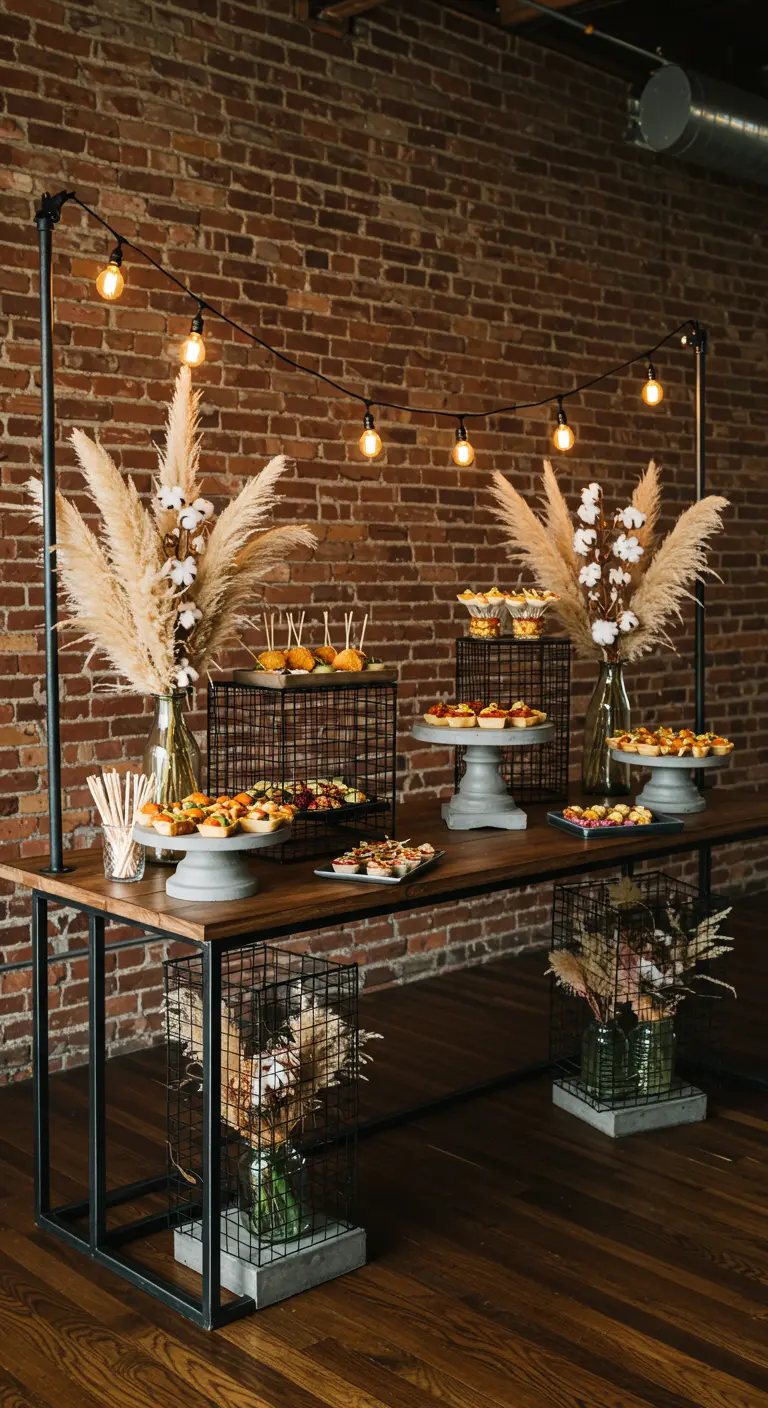 Buffet de style industriel avec mur de briques, métal noir, bois et herbe de la pampa.