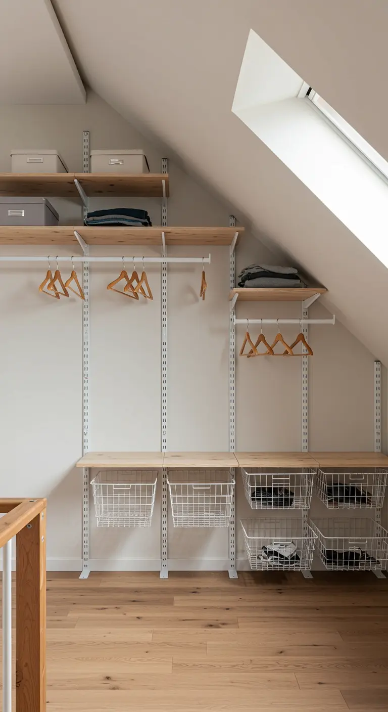 Système de rangement mural avec crémaillères, étagères en bois et paniers métalliques.