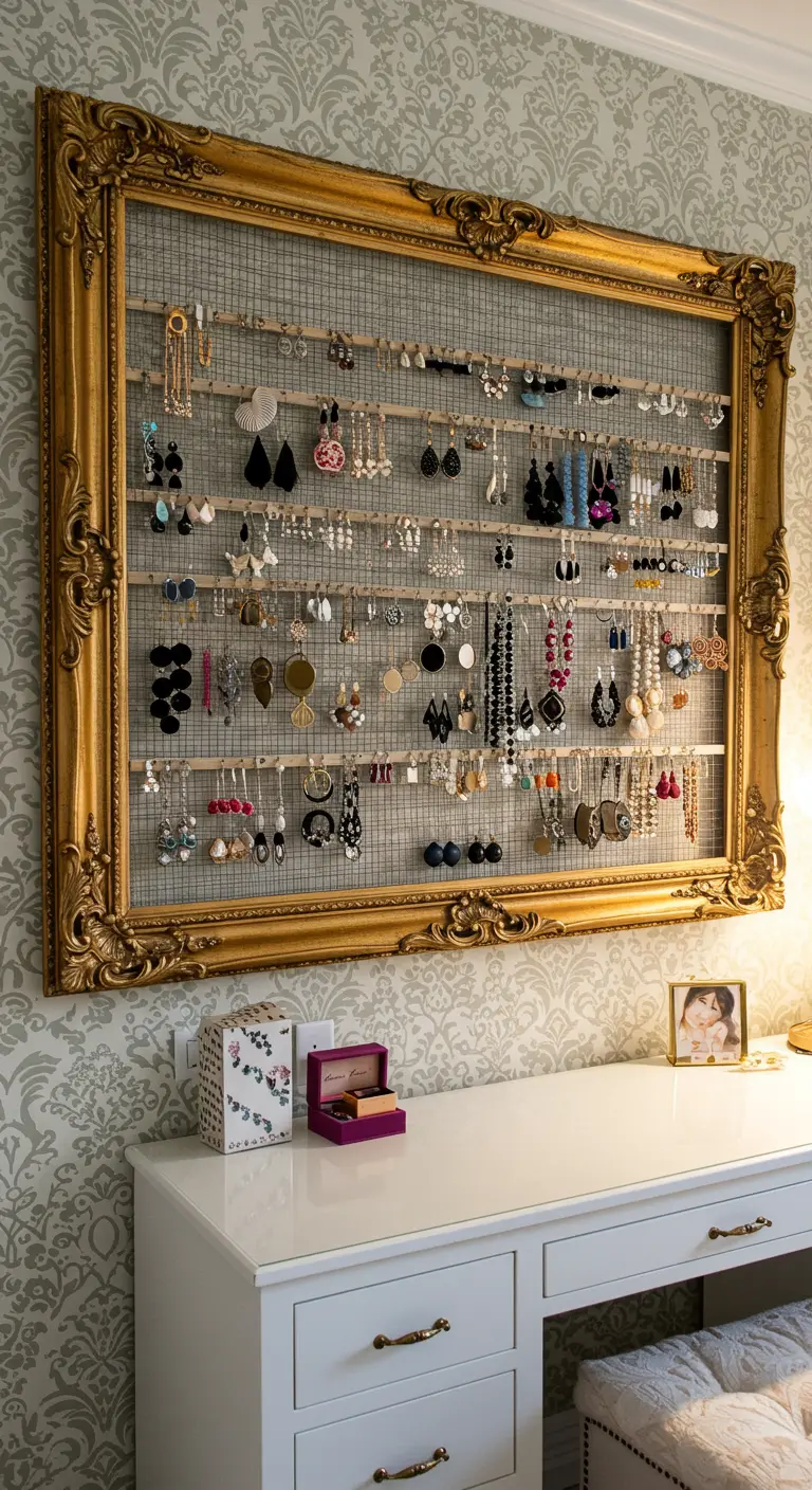 Un grand cadre doré baroque avec un grillage tendu, servant de porte-bijoux mural.