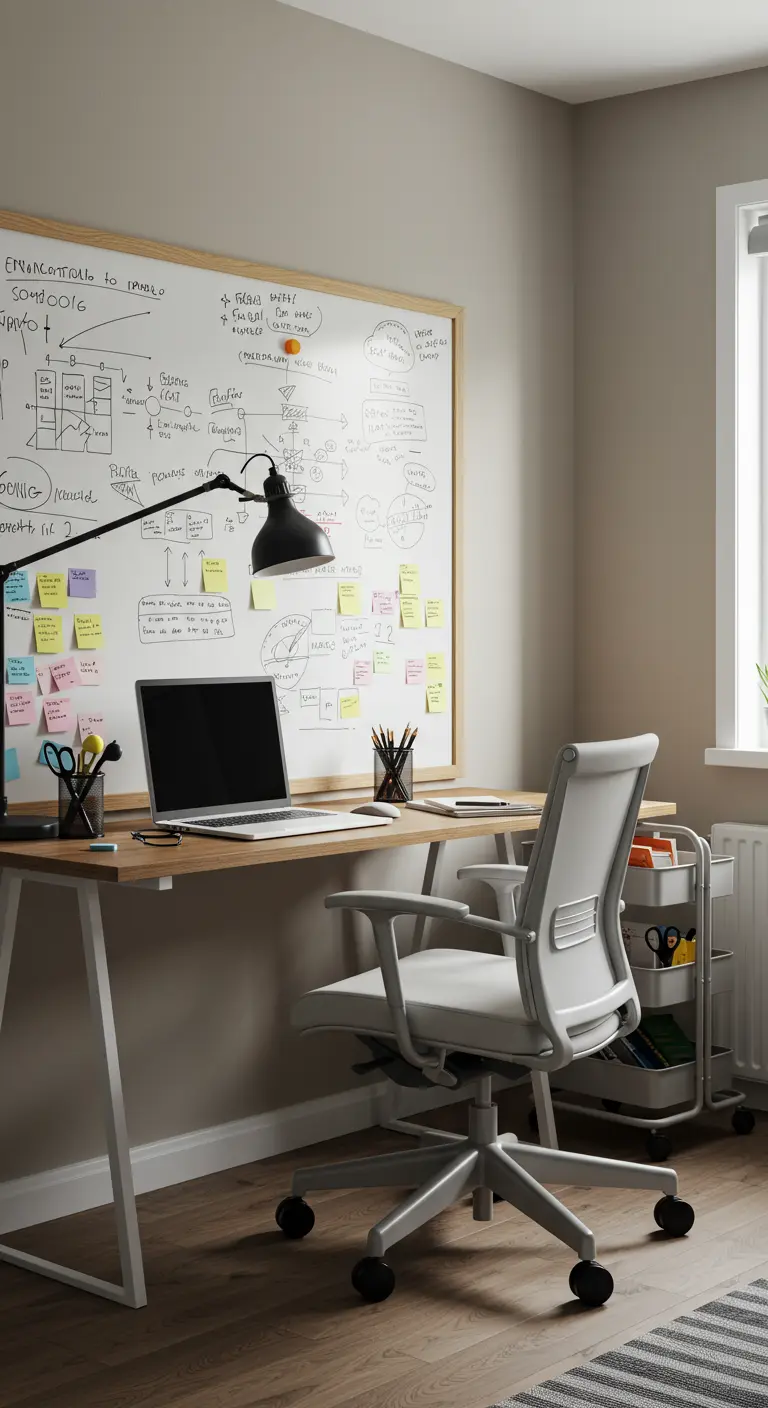 Grand tableau blanc couvert de notes et de schémas, placé derrière un bureau de travail moderne.