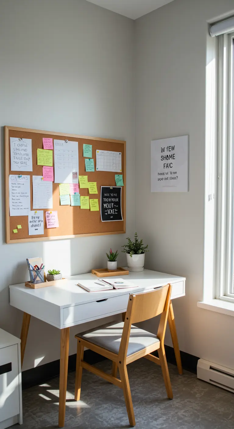 Bureau blanc minimaliste avec un grand tableau en liège rempli de notes.