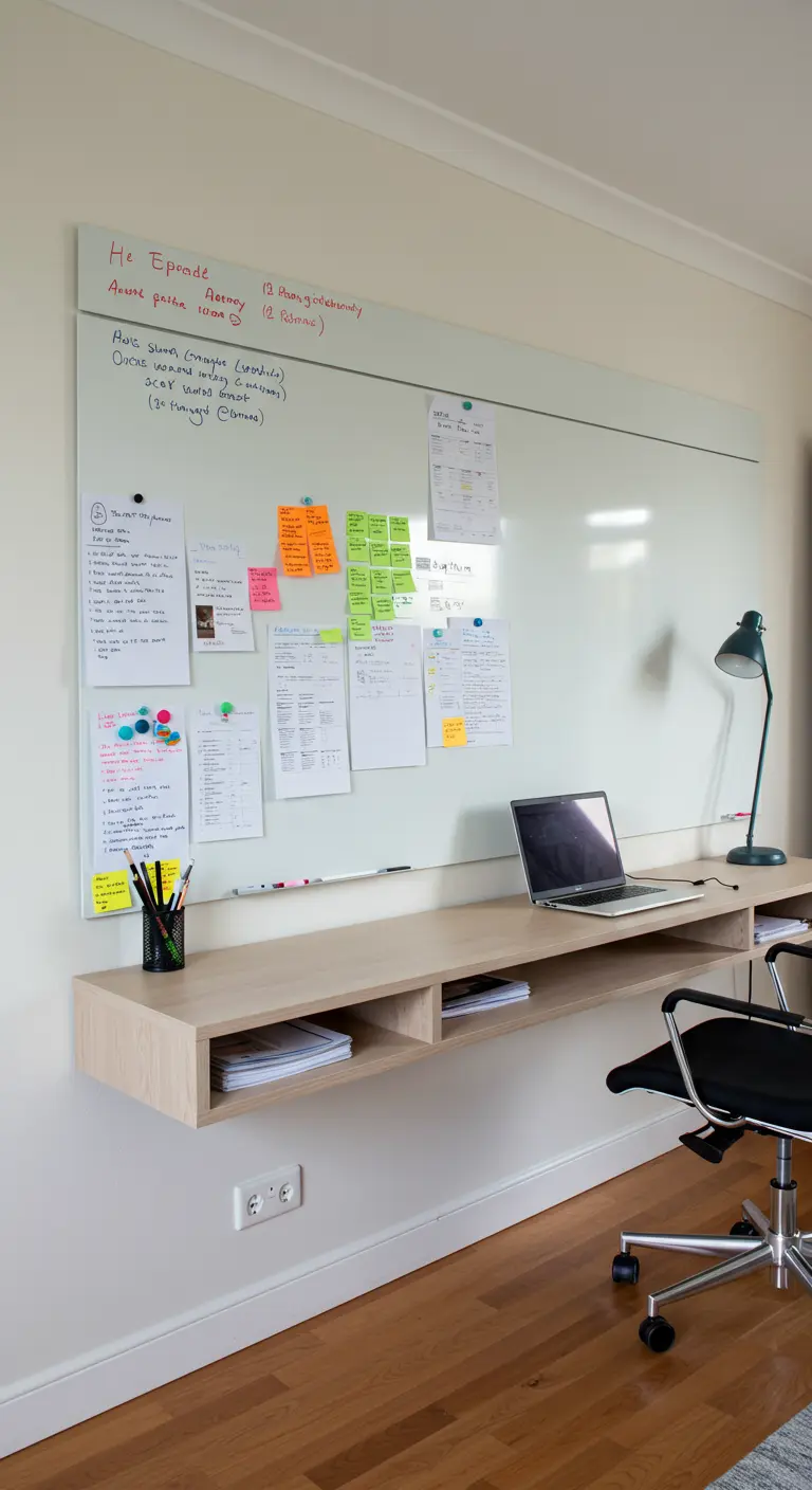 Grand tableau blanc en verre mural au-dessus d'un bureau flottant, couvert de notes.