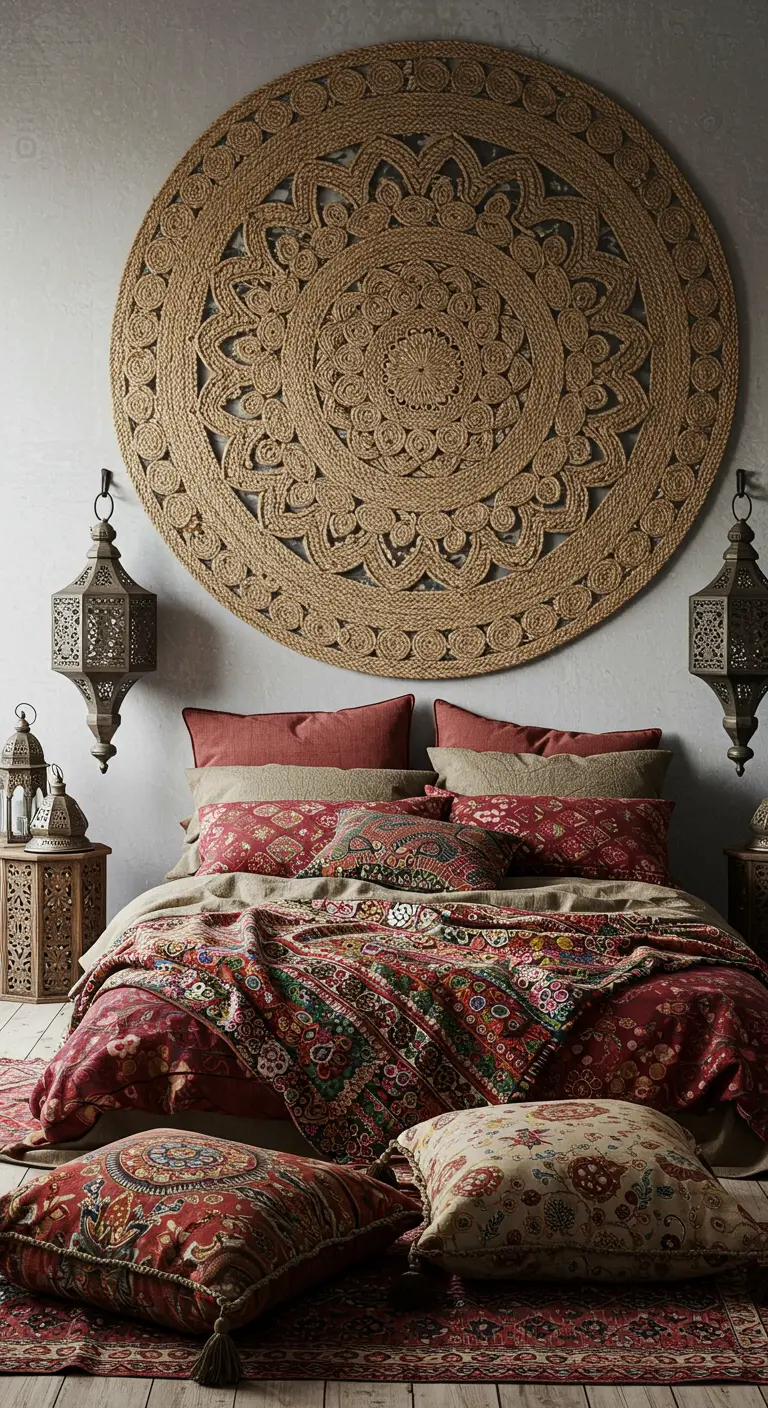 Grand tapis rond en jute avec des motifs de mandala, suspendu au mur comme une tête de lit.