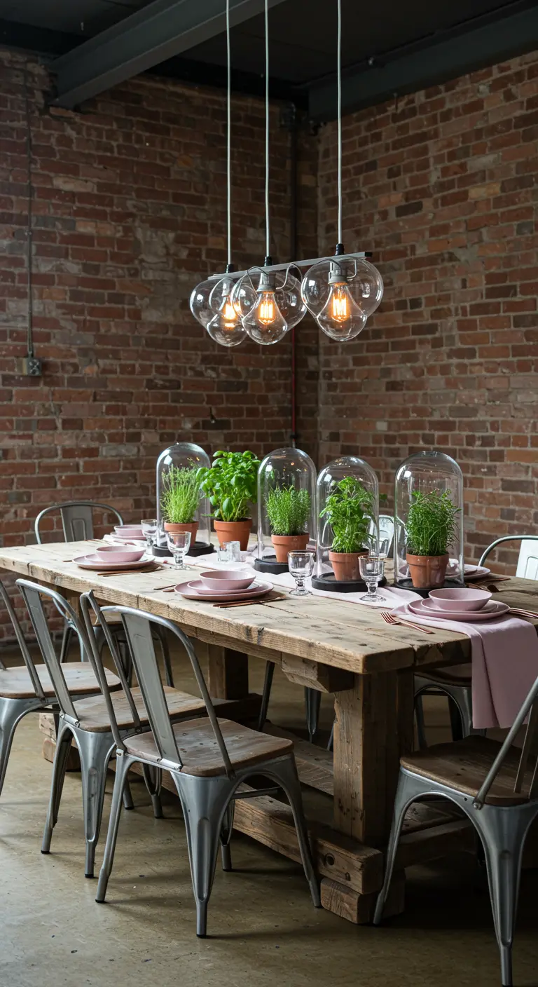 Table de style industriel avec un mur de briques, et des herbes en pot sous des cloches en verre.
