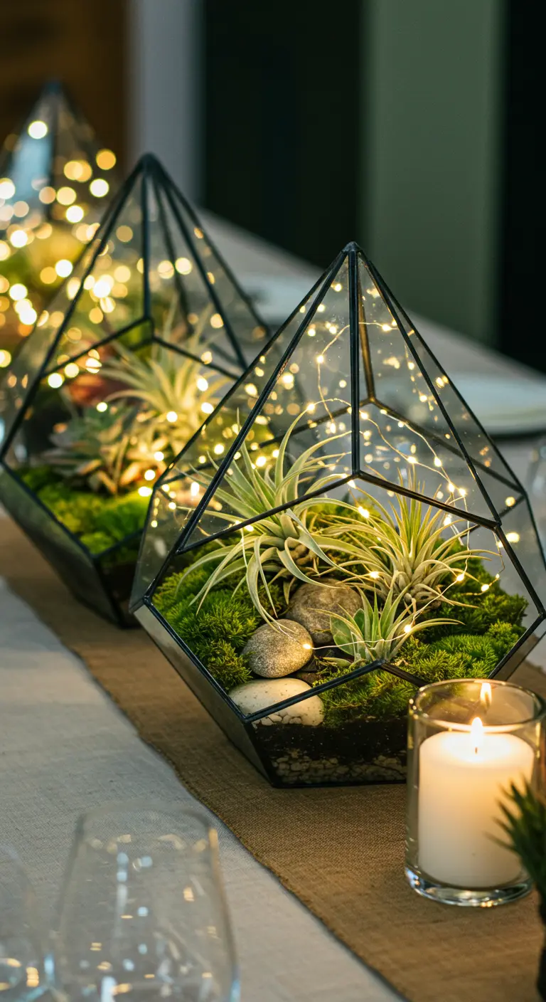 Terrariums géométriques remplis de plantes et de guirlandes lumineuses, posés sur une table.
