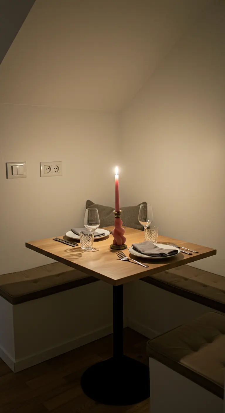 Petite table pour deux éclairée par une unique bougie rose torsadée.