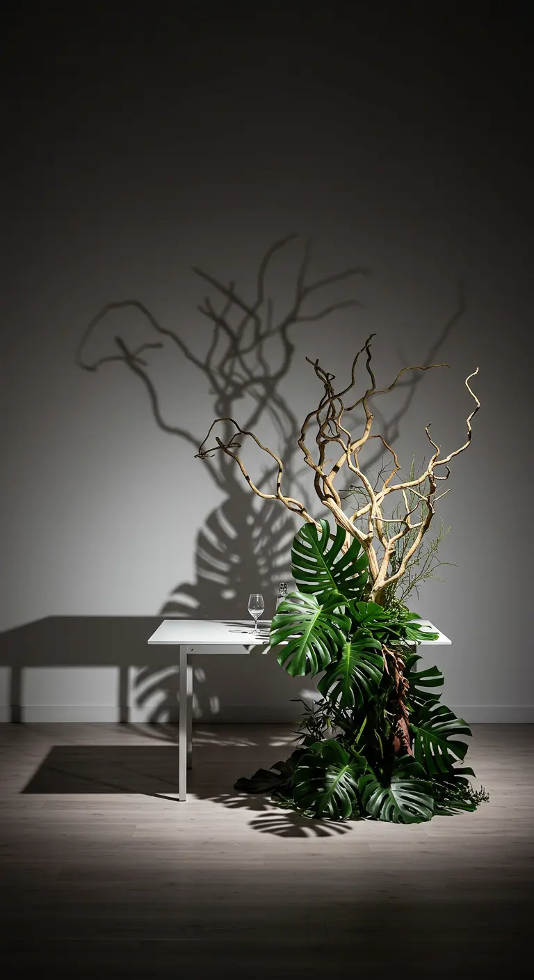 Une composition de branches et feuilles de monstera projette une ombre spectaculaire sur un mur.