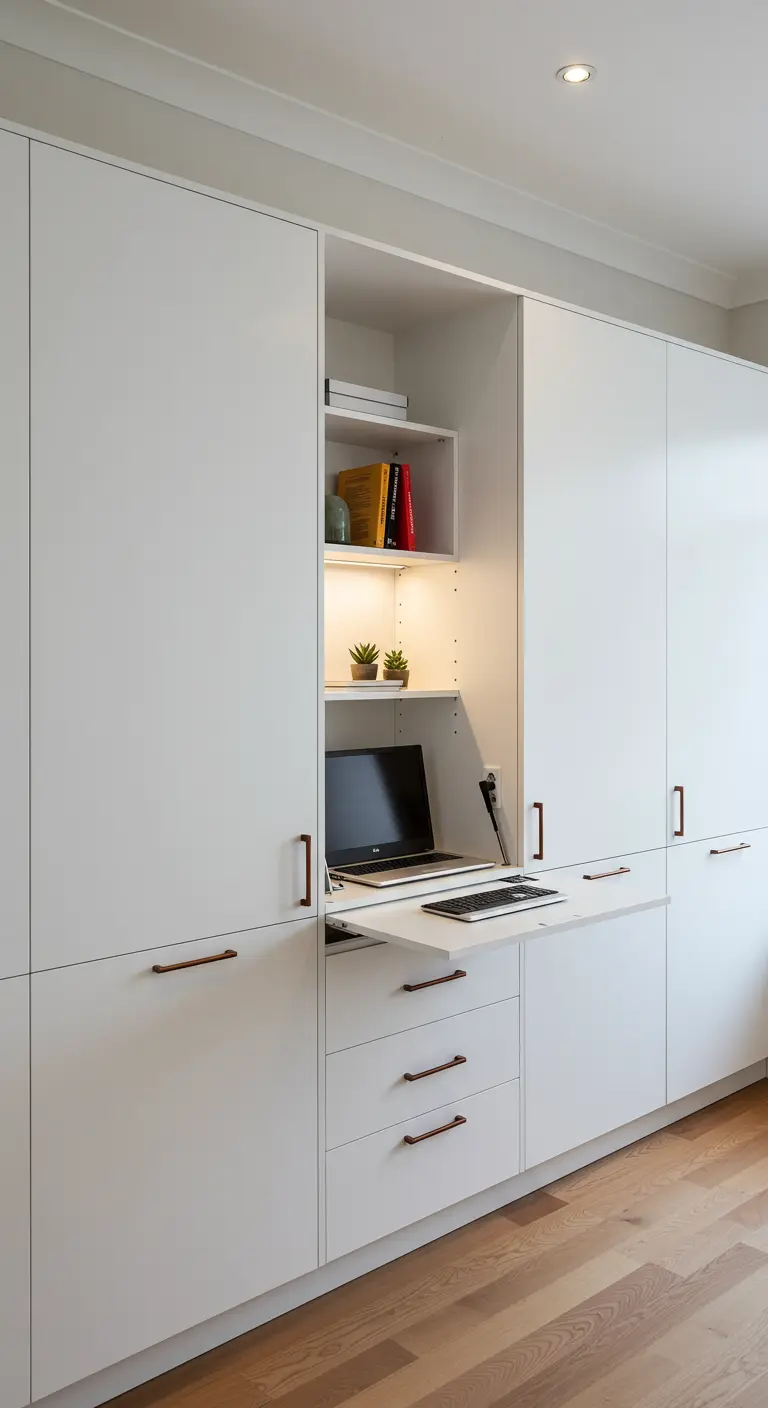 Meuble de rangement blanc avec une tablette coulissante servant de bureau.