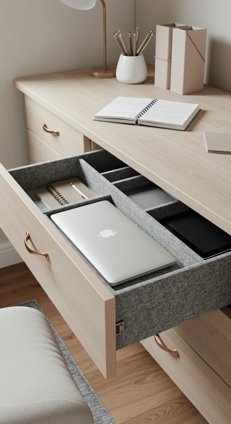 Tiroir de bureau en bois clair doublé de feutre gris, contenant un ordinateur portable et une tablette.