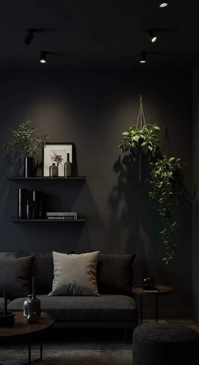 Salon sombre avec murs et étagères noirs, canapé gris et plantes vertes suspendues.
