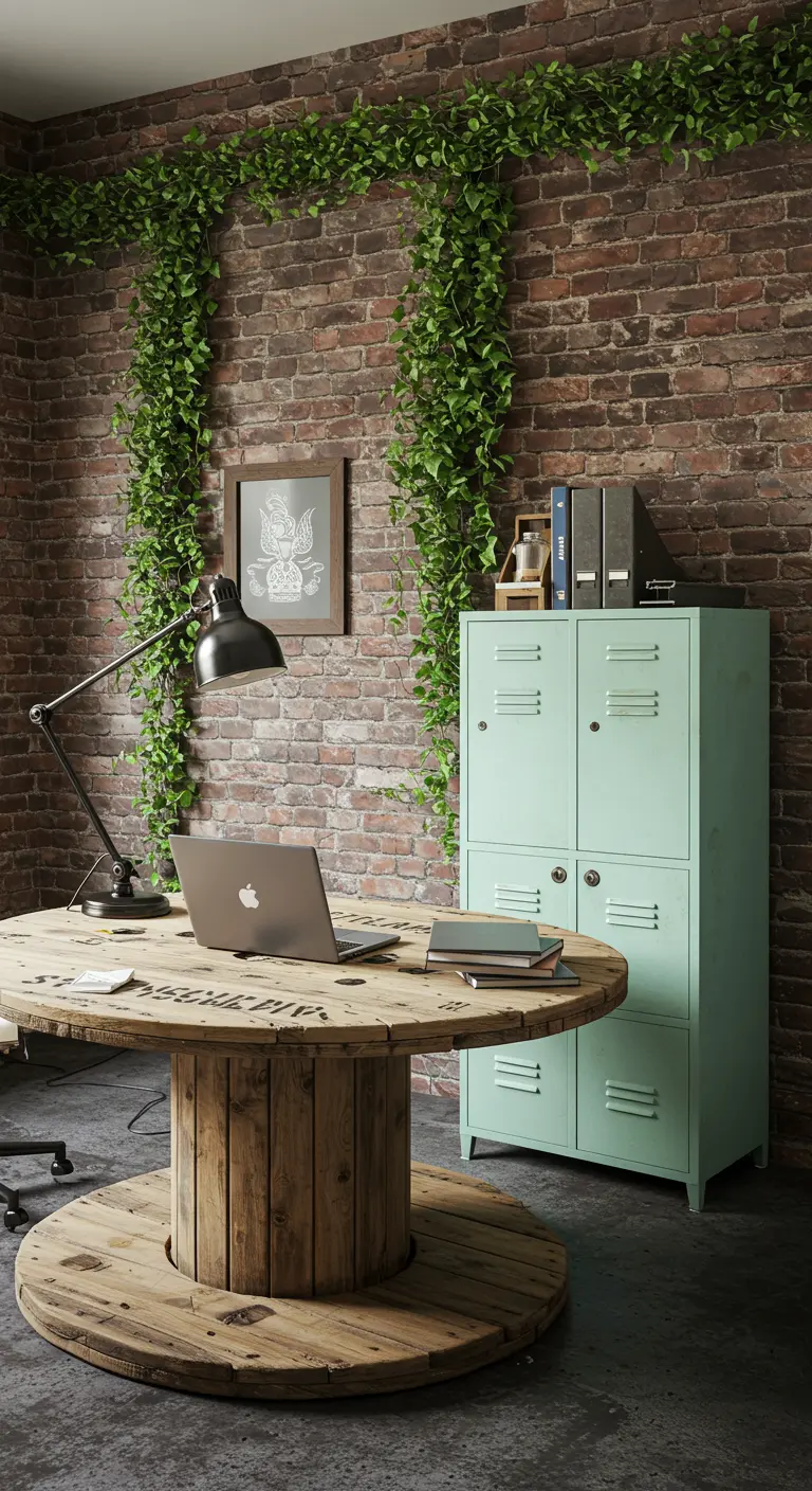 Bureau rond fabriqué à partir d'un touret de câble en bois, casier métallique vert et mur de briques.