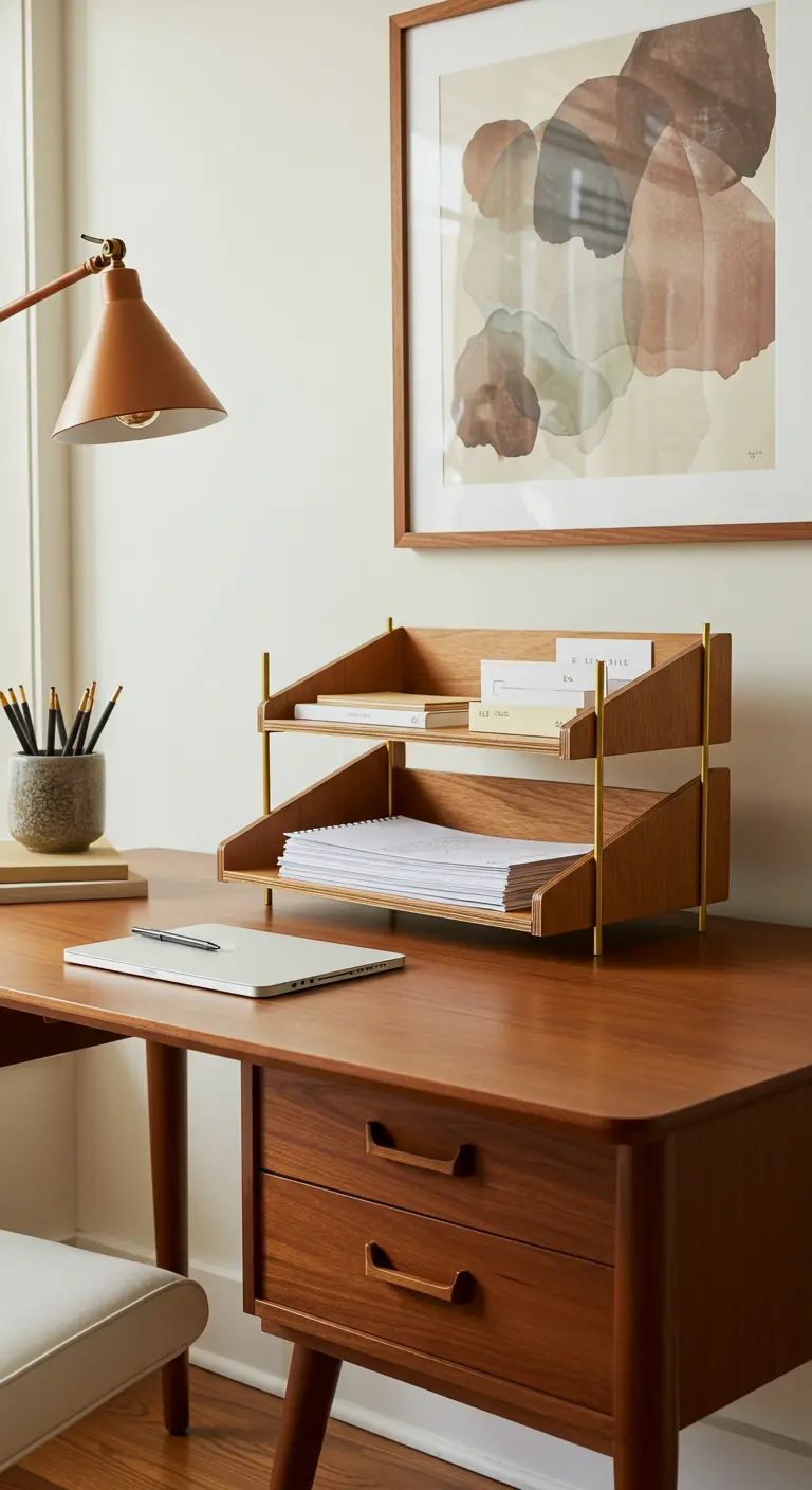Trieur de bureau en bois et laiton de style Mid-Century sur un bureau en noyer.