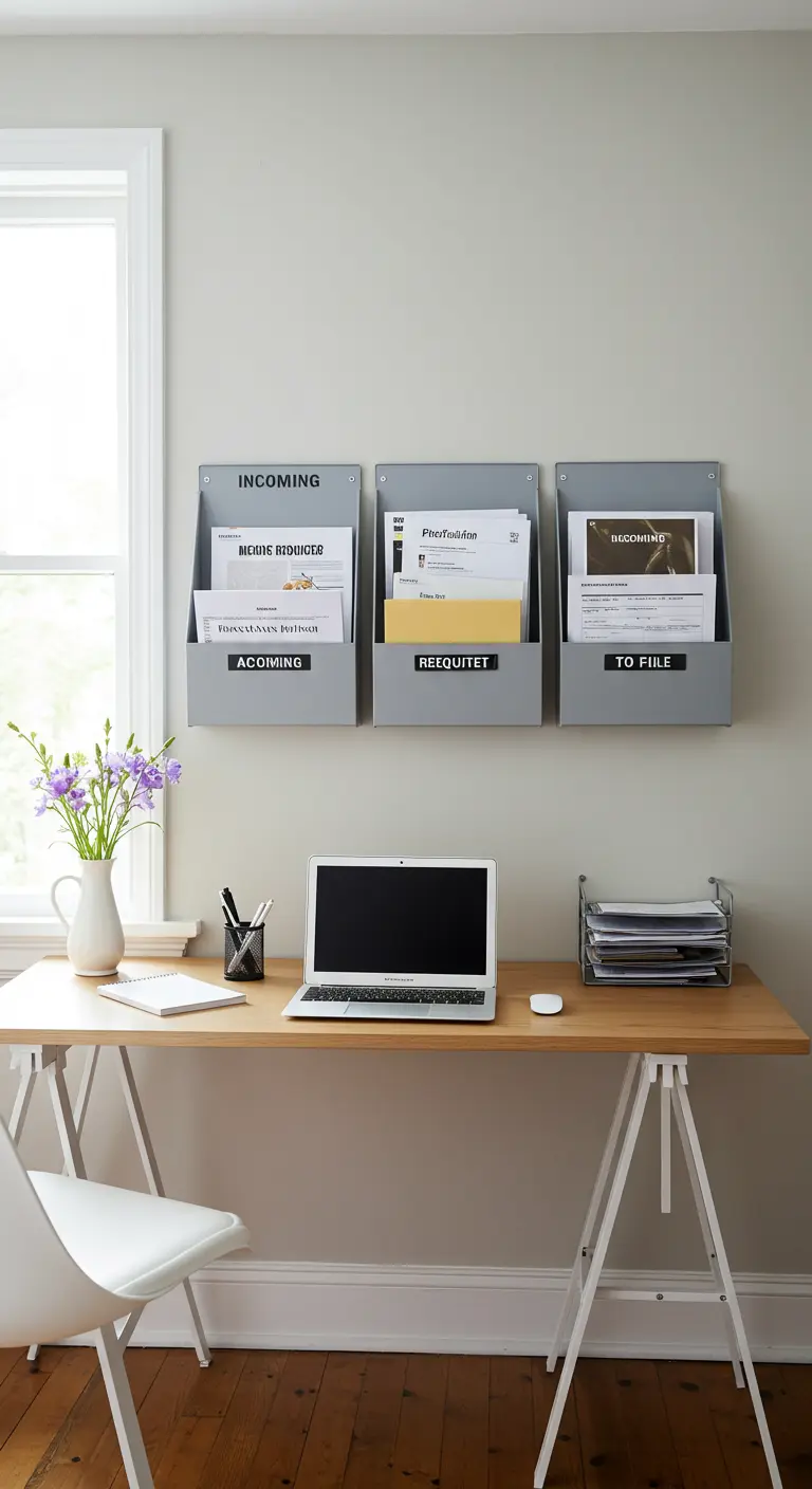 Trois porte-documents muraux gris étiquetés 'Incoming', 'Requires', 'To File' au-dessus d'un bureau.