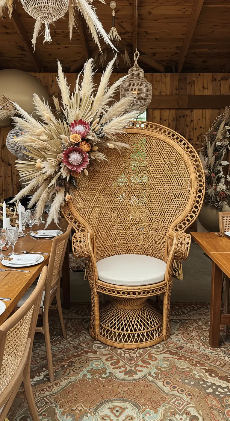Fauteuil paon majestueux orné d'un grand bouquet de fleurs séchées.