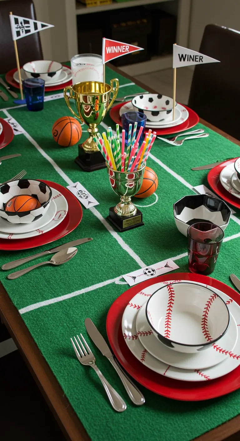 Table de fête sur le thème du sport avec un chemin de table en gazon et des bols en ballon.