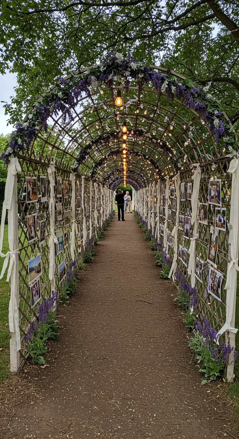 Long tunnel de treillage décoré de photos, de lumières et de lavande.