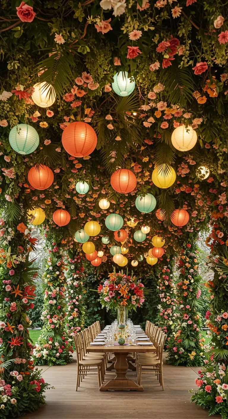 Table à dîner dressée sous un plafond entièrement couvert de fleurs et de lampions colorés.