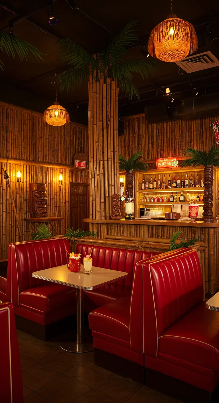 Bar à thème tiki avec des murs en bambou et des banquettes de diner rouges.