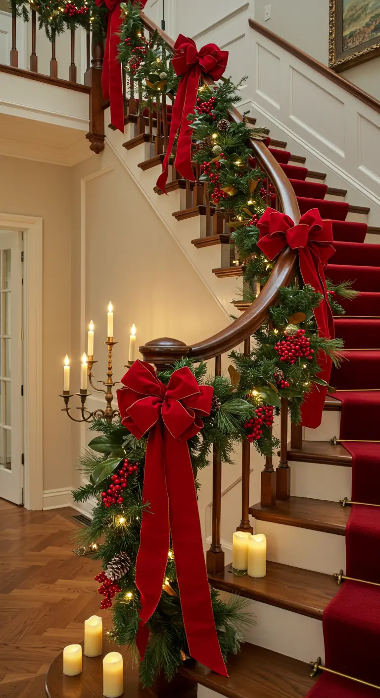 Rampe d'escalier avec tapis rouge, décorée de gros nœuds en velours rouge et de guirlandes.