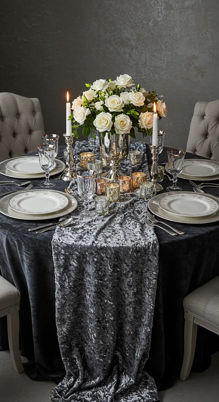 Table de fête avec chemin de table en velours gris, roses blanches et chandeliers.