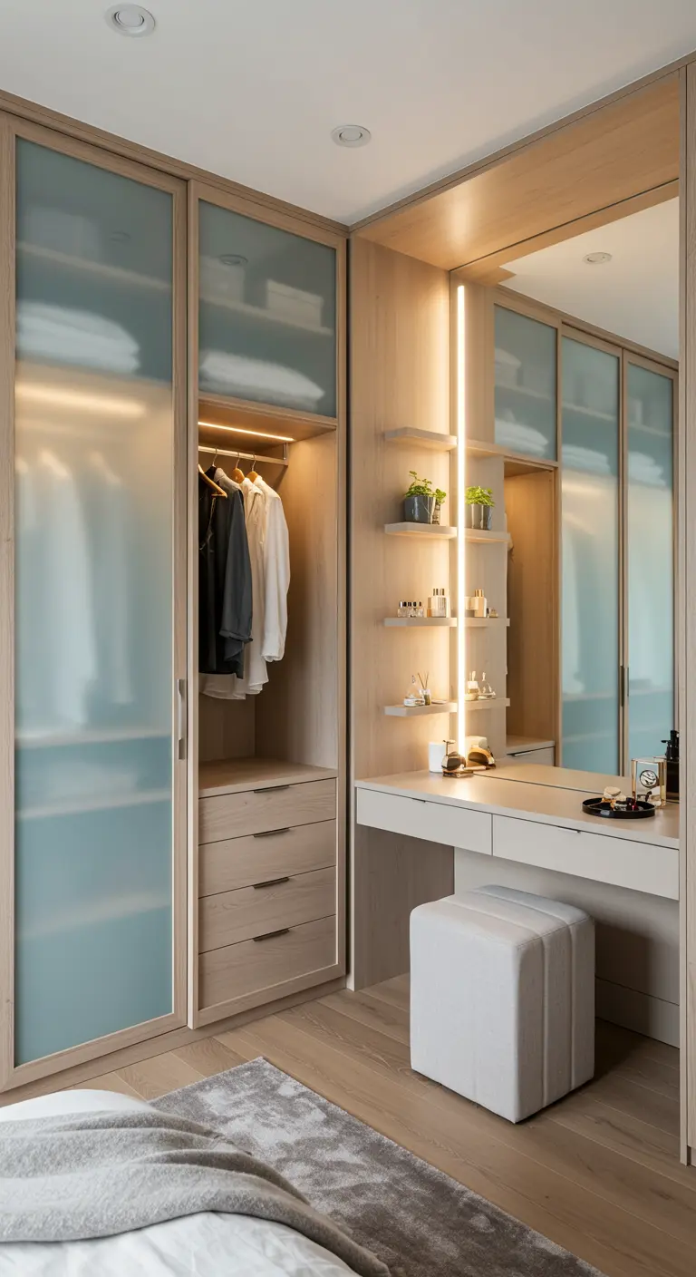 Dressing en bois avec portes en verre dépoli et coiffeuse intégrée.