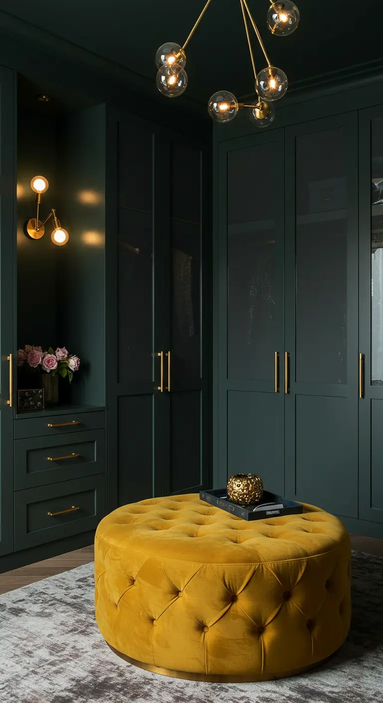 Dressing vert foncé avec un grand pouf capitonné en velours jaune.