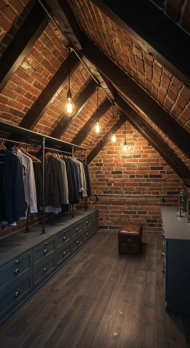 Dressing mansardé industriel avec mur en briques, penderie en tuyaux et ampoules suspendues.