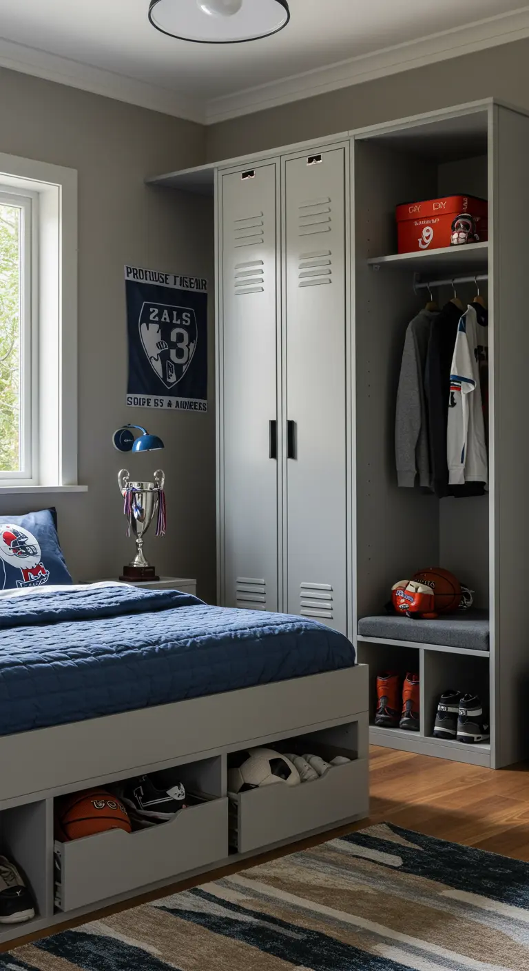 Chambre sur le thème du sport avec des armoires casiers et des niches sous le lit pour les ballons.