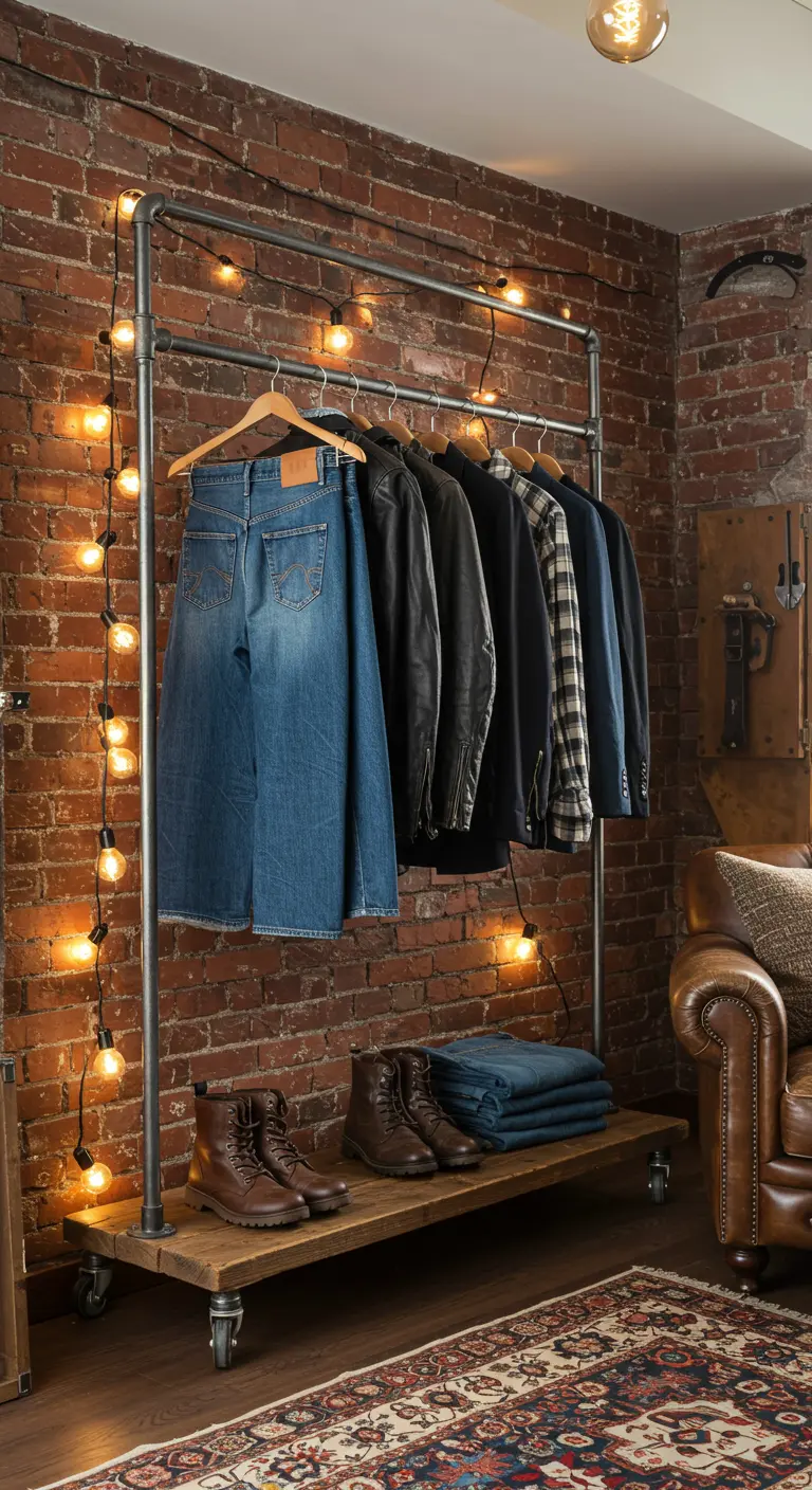 Un portant industriel sur roulettes fait de tuyaux, avec des vêtements et une guirlande lumineuse.