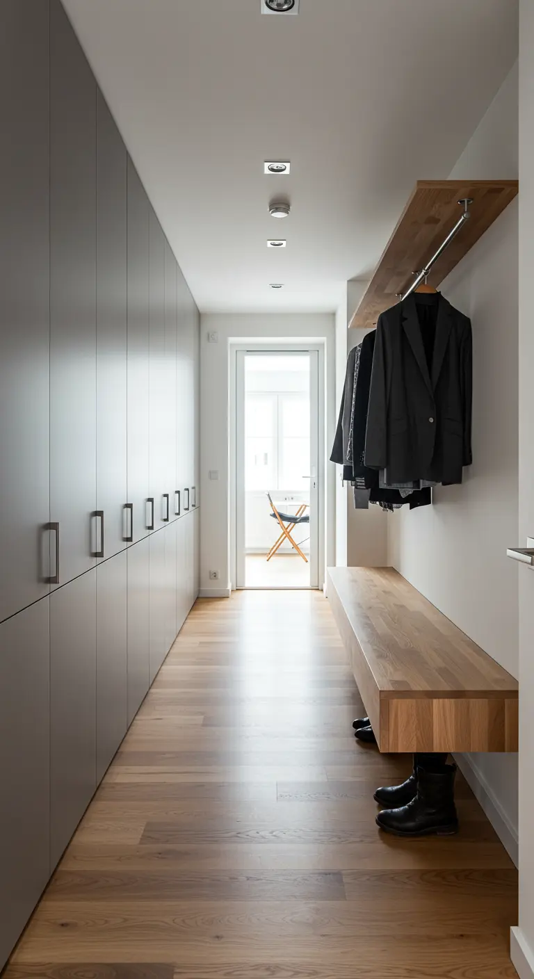 Long couloir d'entrée avec un mur de placards gris et un banc en bois suspendu en face.