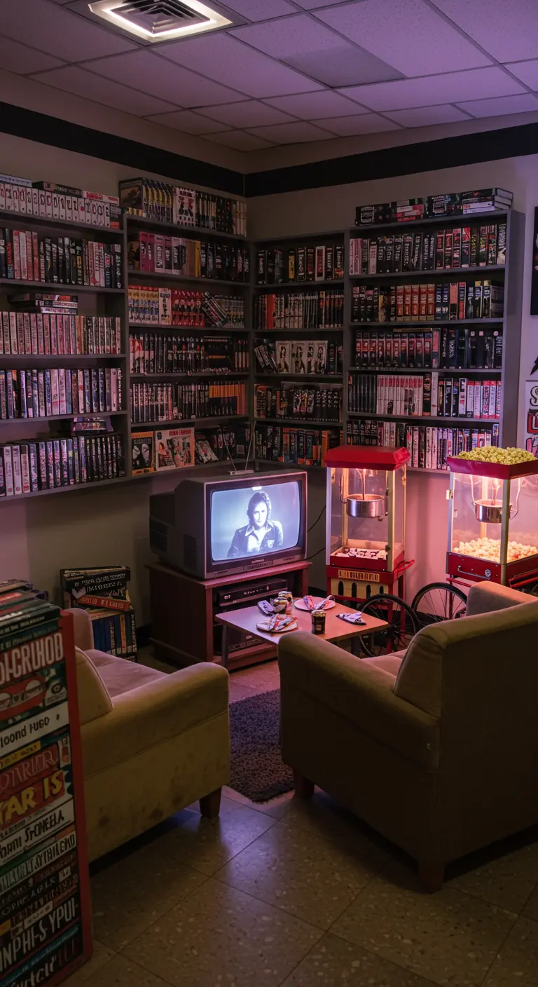 Coin salon avec des étagères remplies de cassettes VHS et une machine à popcorn.