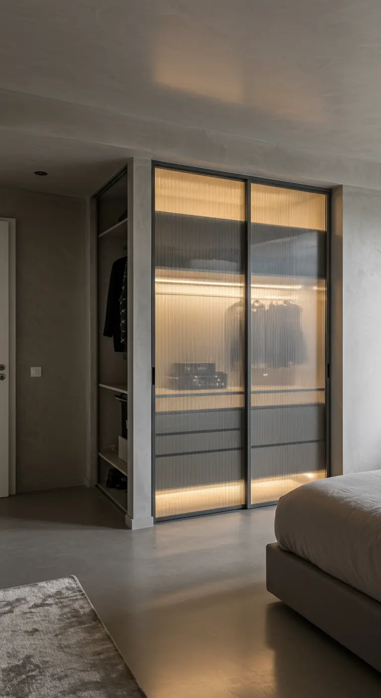 Portes de dressing en verre cannelé et cadre noir, avec éclairage intérieur.