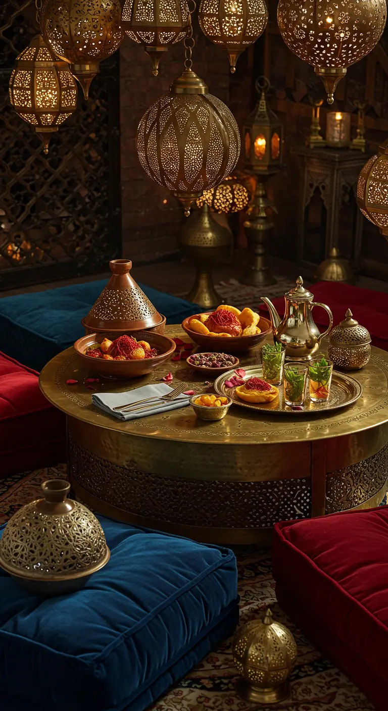 Brunch d'inspiration marocaine avec des plats décorés de pétales de rose.