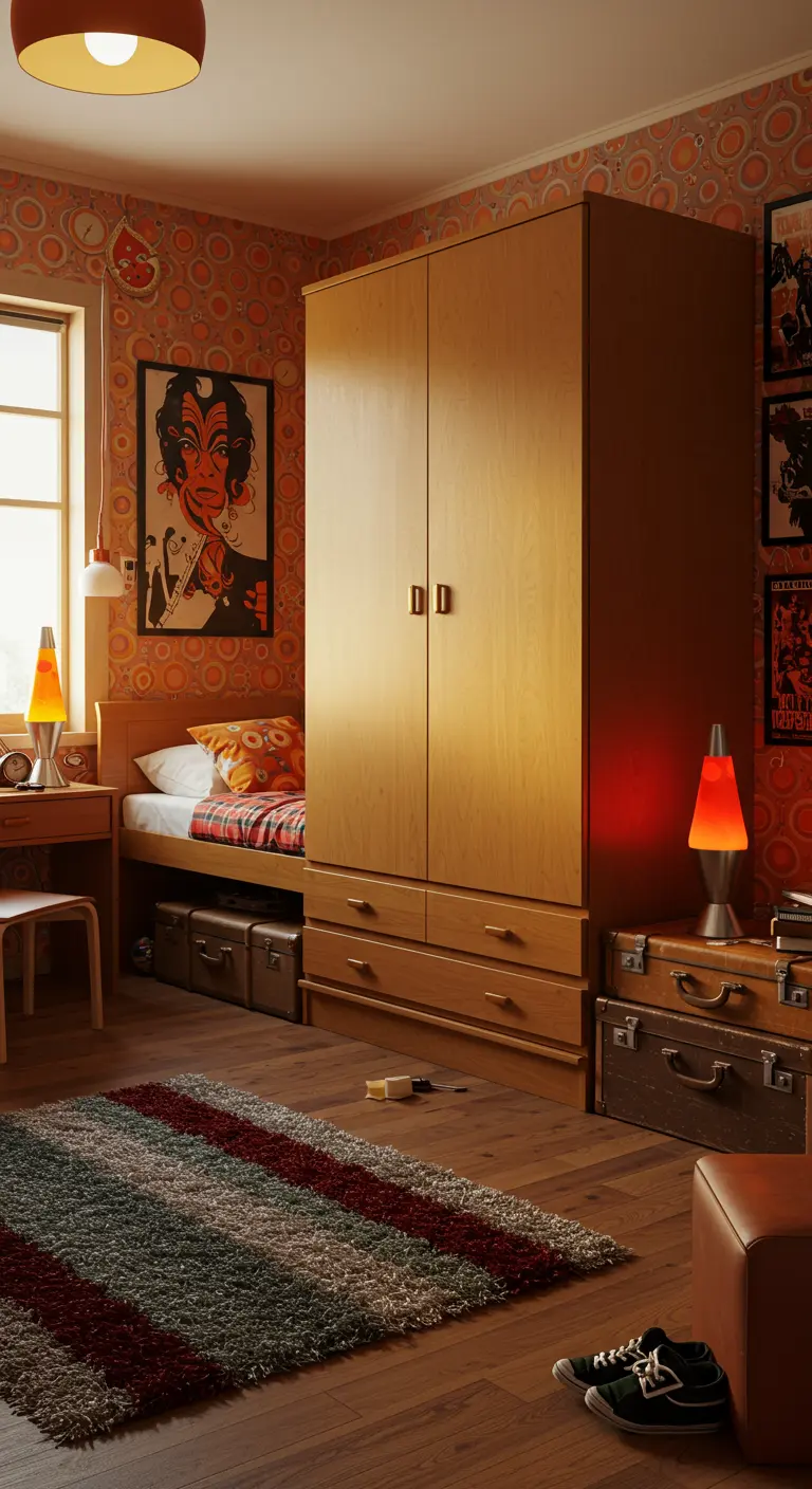 Chambre d'inspiration rétro avec des valises vintage utilisées comme rangement sous le lit.