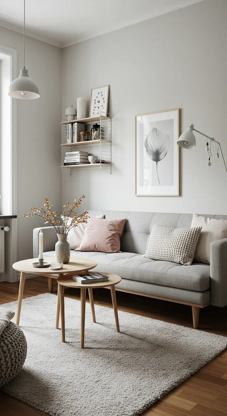 Étagères murales modulables de style scandinave au-dessus d'un canapé gris.
