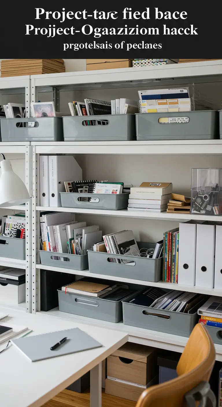 Étagères blanches avec des bacs de rangement gris uniformes contenant des fournitures de bureau.