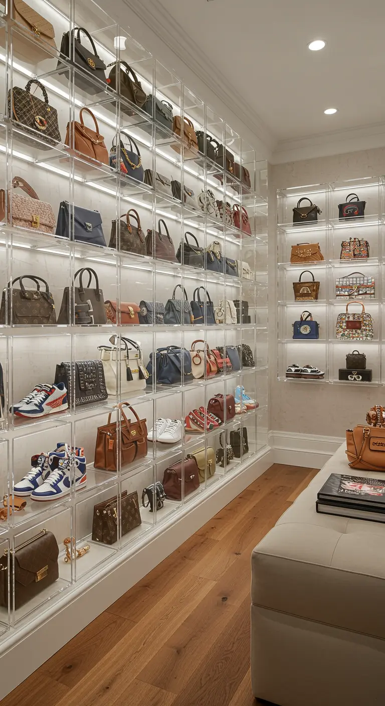 Mur de boîtes de rangement en acrylique transparent, chacune contenant un sac à main ou des chaussures.