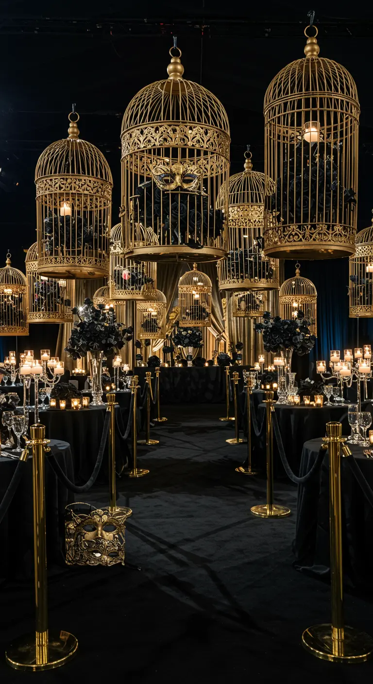 Décor de salle avec de grandes cages à oiseaux dorées suspendues au-dessus des tables.