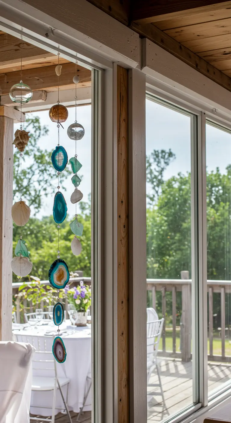 Mobile suspendu fait de tranches d'agate bleue et de coquillages près d'une fenêtre.