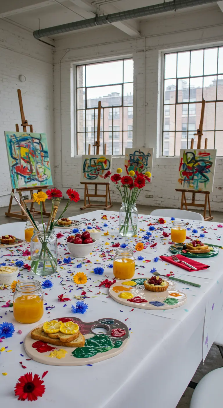 Table de brunch artistique avec des pétales de fleurs colorées éparpillés.
