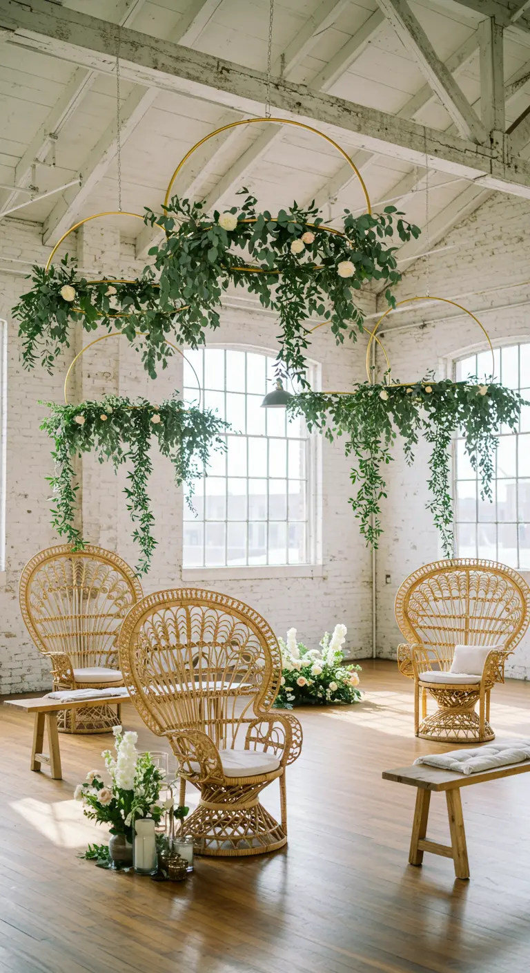 Trois grands cercles dorés suspendus, décorés de feuillage et de fleurs blanches.