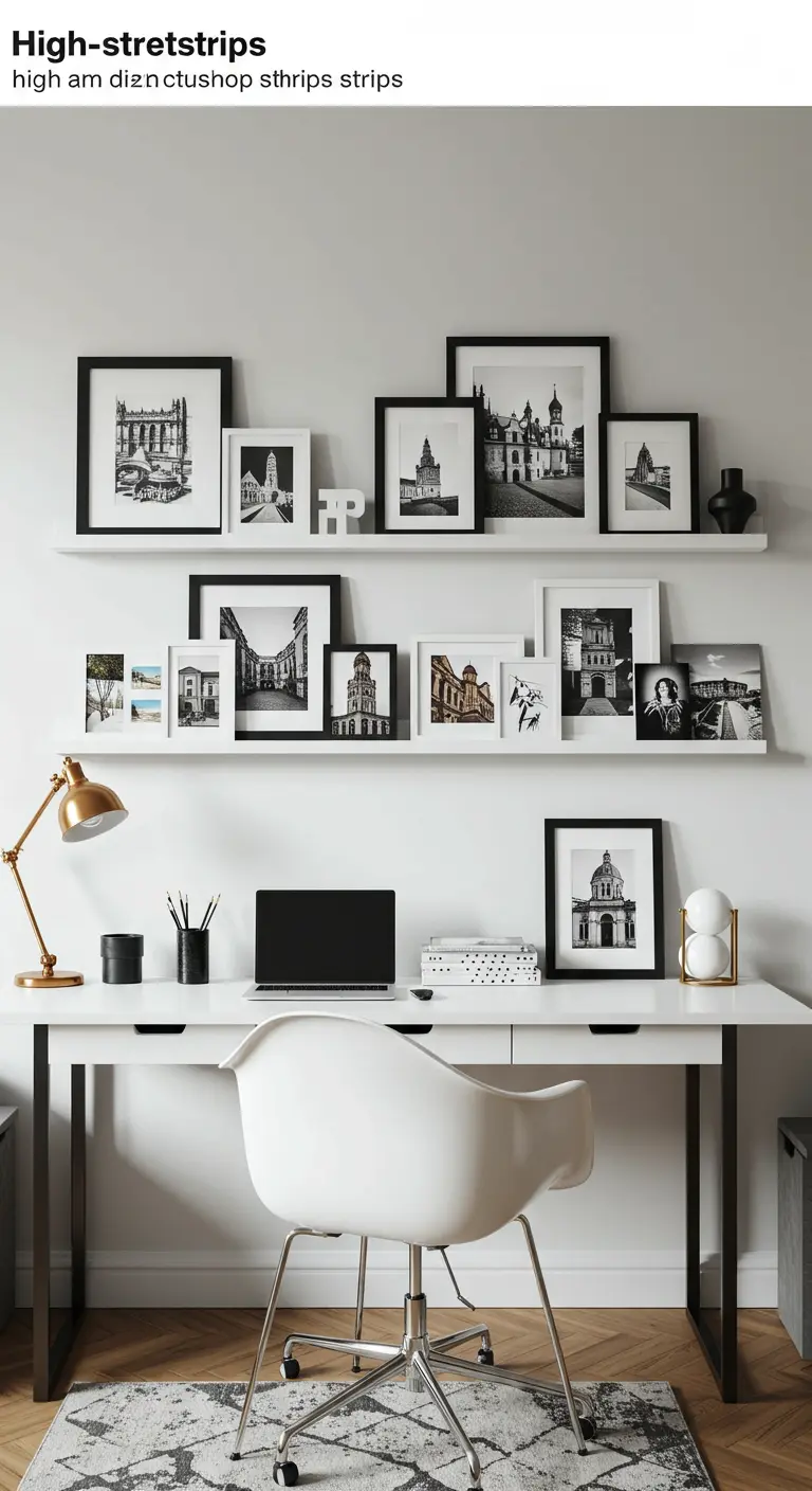 Deux étagères à tableaux blanches fixées au-dessus d'un bureau, présentant une collection de photos en noir et blanc.