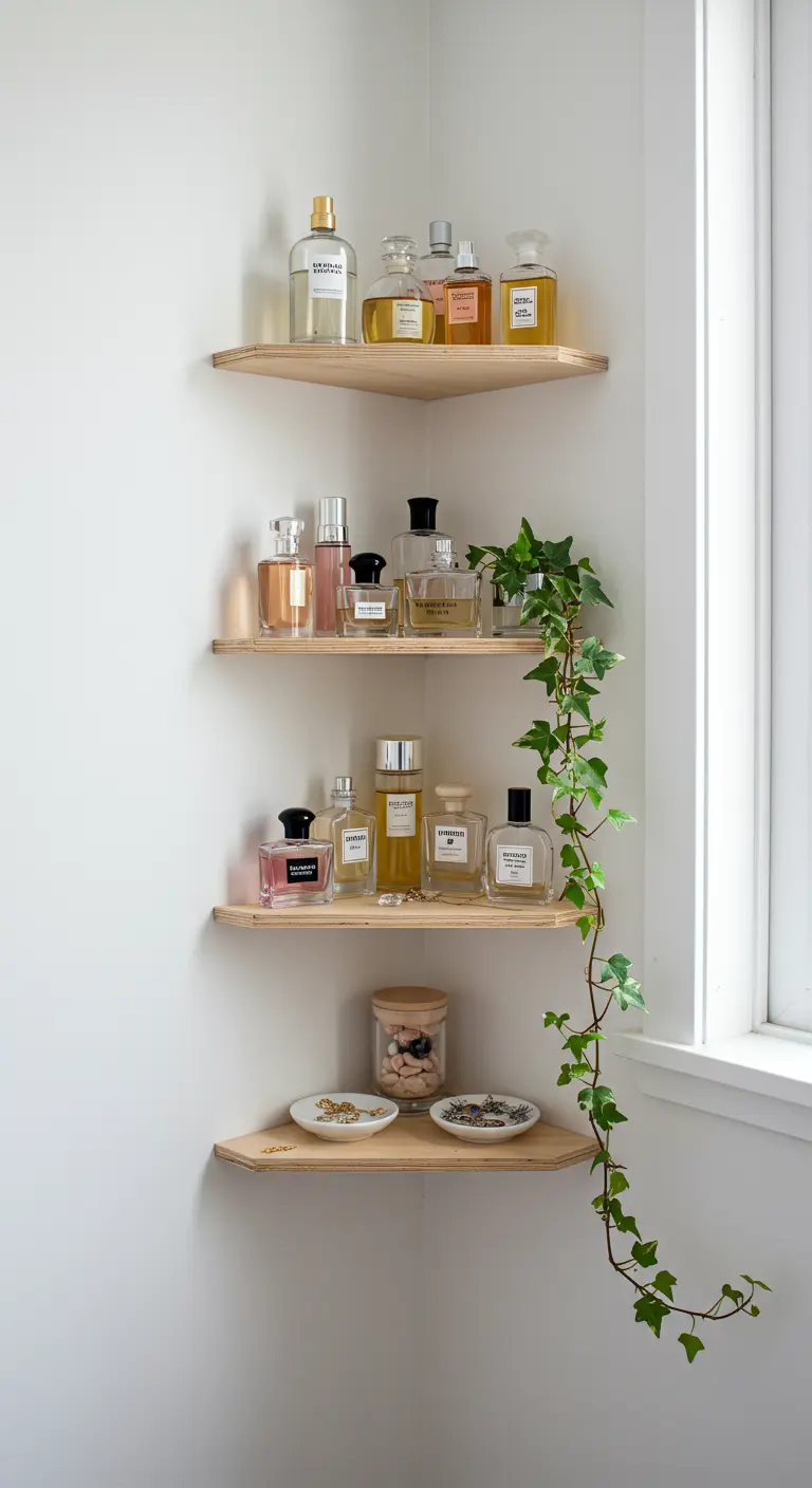 Quatre petites étagères d'angle en bois clair supportant des flacons de parfum et une plante.